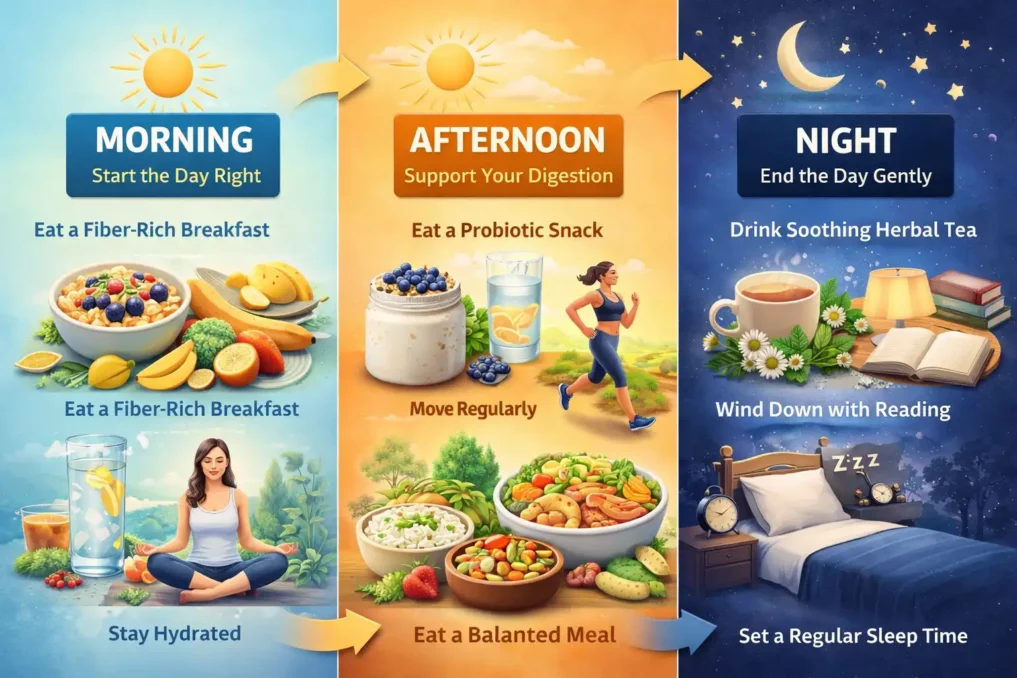 Foods That Naturally Clean Your Gut 4 daily gut health routine showing morning afternoon and night habits including fiber foods probiotics hydration and herbal tea for digestion