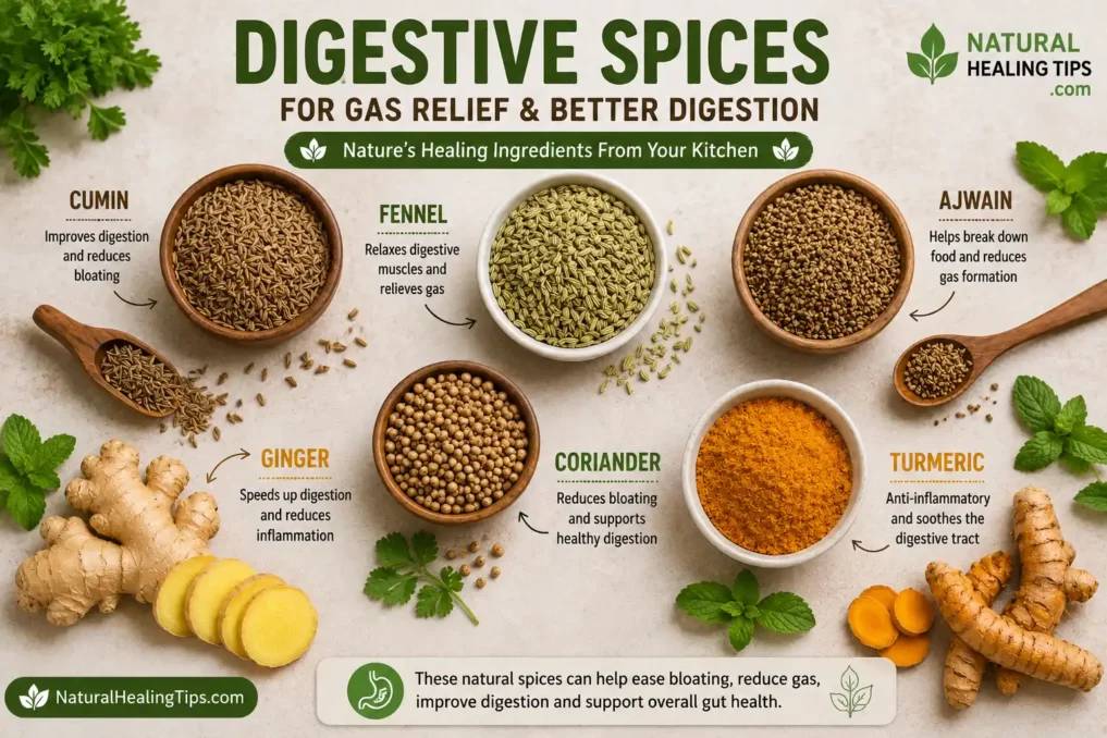 Kitchen Ingredients That Reduce Gas Fast 2 Flat lay of digestive spices including cumin fennel ajwain ginger coriander and turmeric for natural gas relief