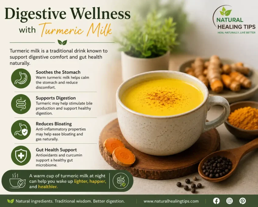 Turmeric Milk Before Bed 2 Warm turmeric milk with digestive wellness benefits including stomach soothing, digestion support, reduced bloating, and gut health support with NaturalHealingTips watermark