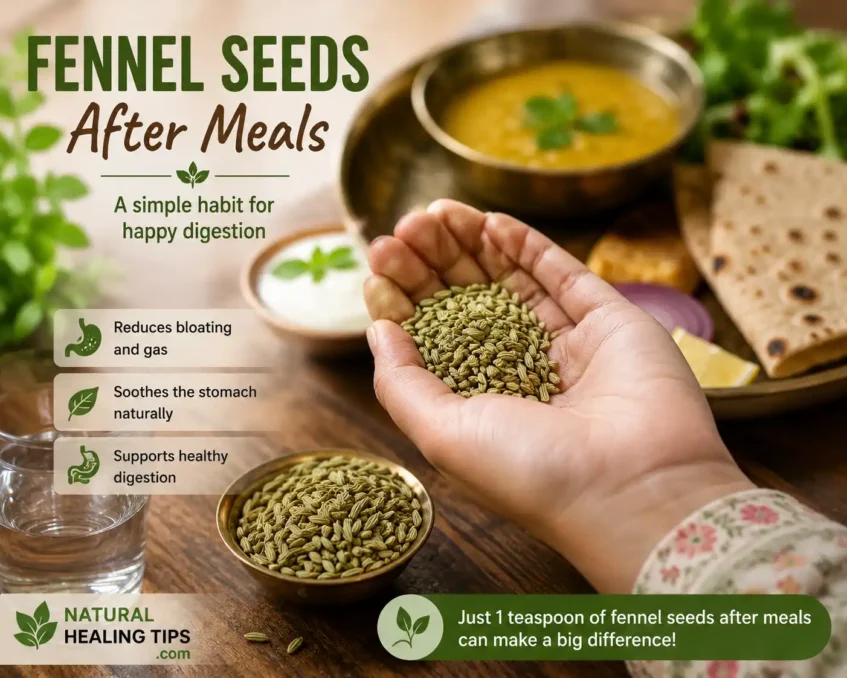 Kitchen Ingredients That Reduce Gas Fast 5 Hand holding fennel seeds after a meal for natural gas relief and digestion support