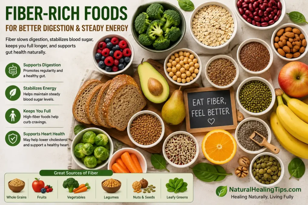 Flat lay of healthy fiber-rich foods including oats, fruits, vegetables, seeds, and legumes