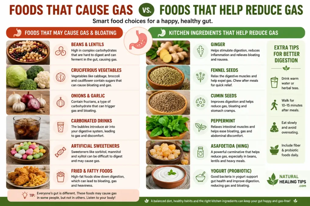 Kitchen Ingredients That Reduce Gas Fast 3 Infographic showing foods that cause gas and bloating compared with kitchen ingredients that help reduce gas naturally