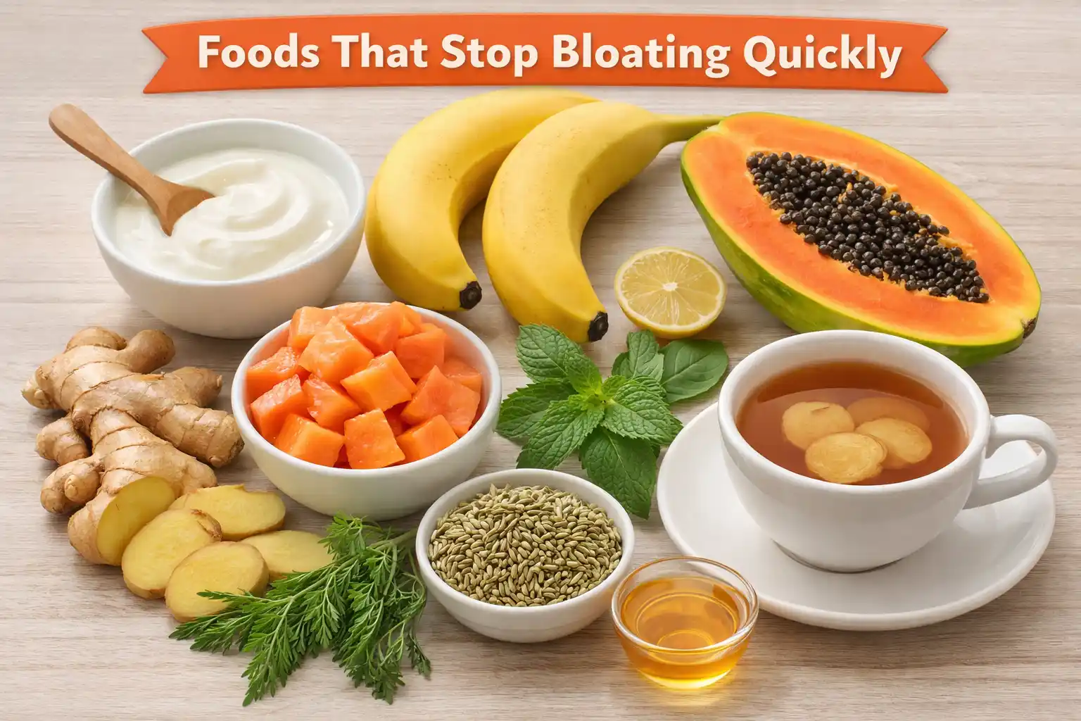 Healthy foods that help reduce bloating quickly including yogurt, banana, papaya, ginger, fennel seeds, peppermint, lemon, and ginger tea