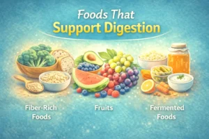 Illustration showing fiber-rich foods, fruits, and fermented foods like yogurt and pickles that support digestion and gut health