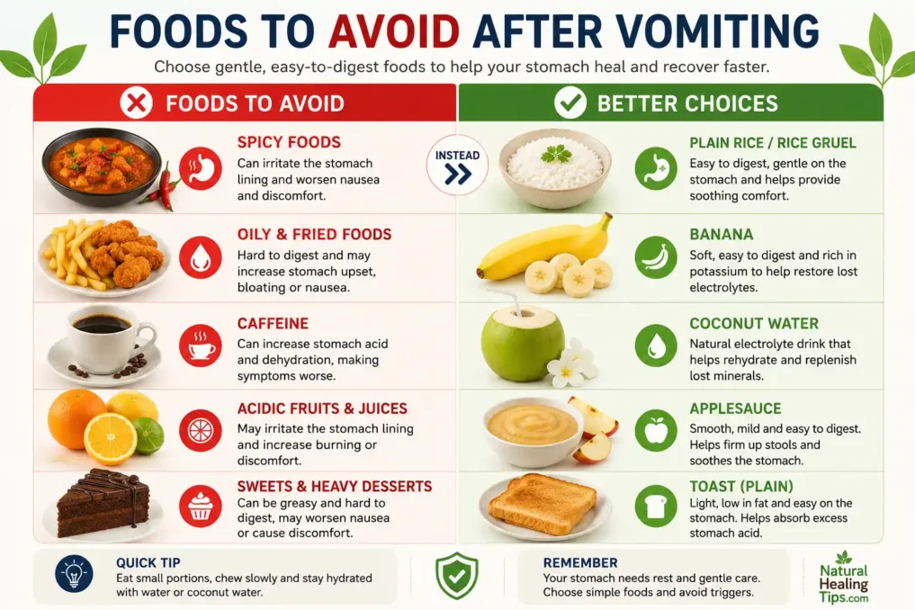 Comparison graphic showing safe foods and foods to avoid after vomiting and nausea