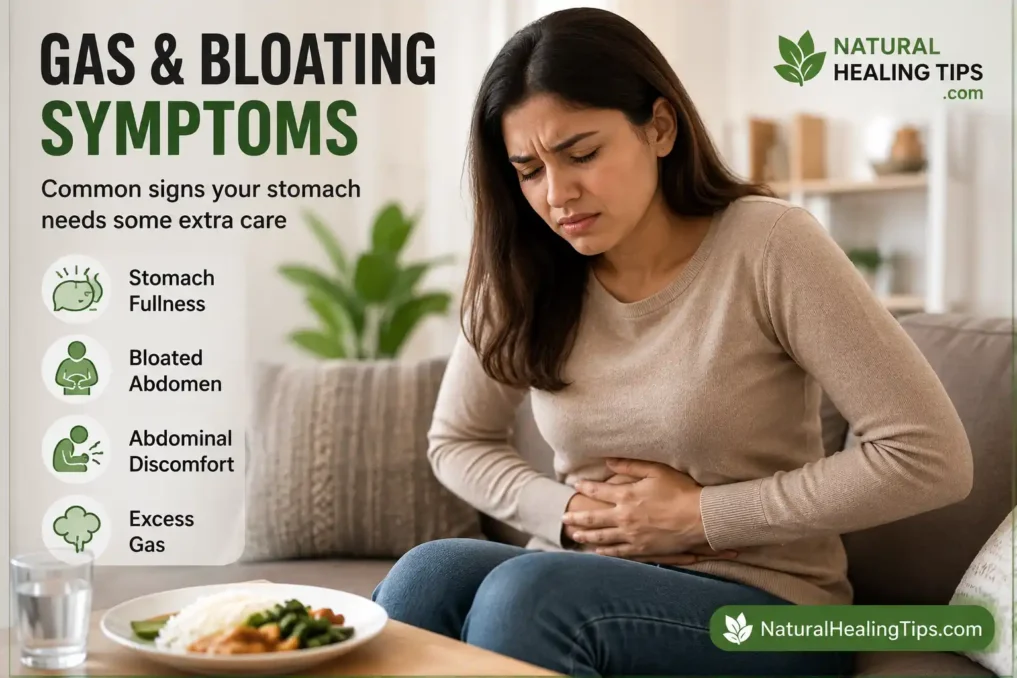 Kitchen Ingredients That Reduce Gas Fast 1 Woman experiencing gas bloating and stomach discomfort after a meal with digestive symptom infographic