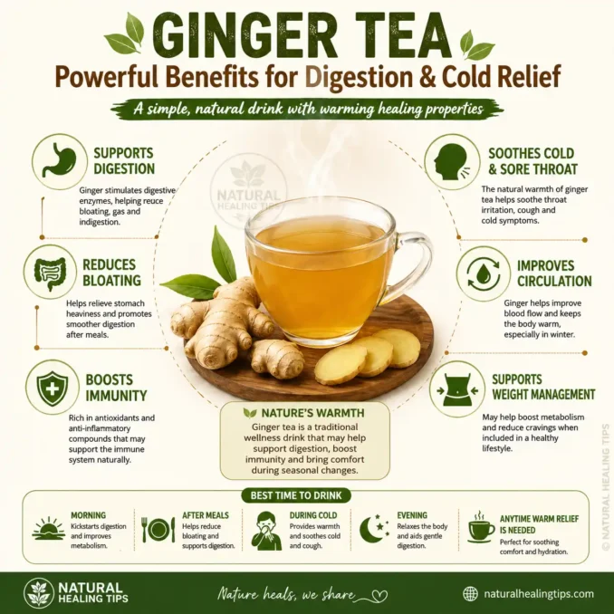 Ginger Tea for Digestion and Cold— Best Time 1 infographic showing ginger tea benefits for digestion bloating immunity and cold relief naturally