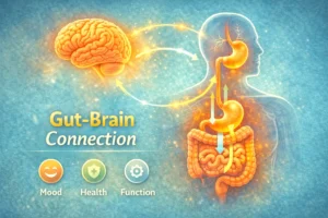 Illustration showing the connection between the brain and digestive system highlighting how stress and emotions affect gut health