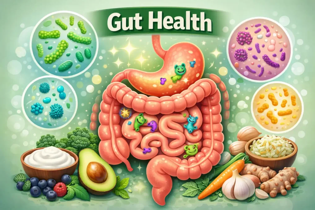 Foods That Naturally Clean Your Gut 1 gut health concept showing digestive system microbiome beneficial bacteria and foods that support digestion