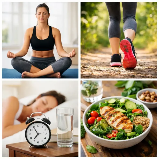 One-Day Gut Reset Plan 3 healthy gut habits including meditation walking proper sleep and balanced diet for improved digestion