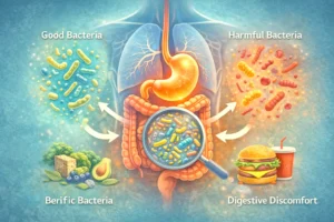 Educational diagram of the human digestive system highlighting the gut microbiome with beneficial and harmful bacteria affecting digestion and gut health