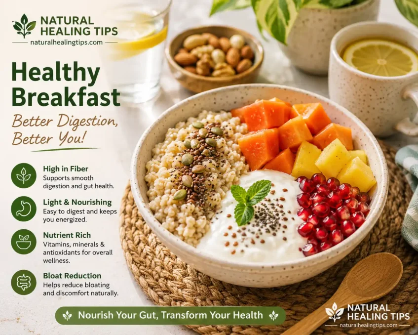 Healthy fiber-rich breakfast with fruits, oats, yogurt, and seeds arranged on a table to support digestion naturally with NaturalHealingTips.com watermark