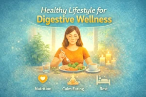 Illustration of a person eating mindfully with healthy foods and a calm environment representing healthy lifestyle habits that support digestion