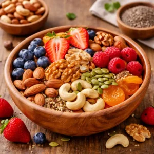 Healthy Recipes 4 Bowl of mixed nuts and seeds including almonds, walnuts, cashews, pumpkin seeds, and raisins – a healthy high-protein snack