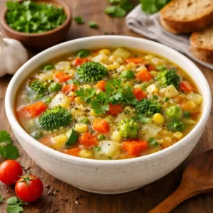 Healthy Recipes 3 Bowl of healthy vegetable soup with carrots, broccoli, peas, corn, and herbs – a light nutritious dinner meal