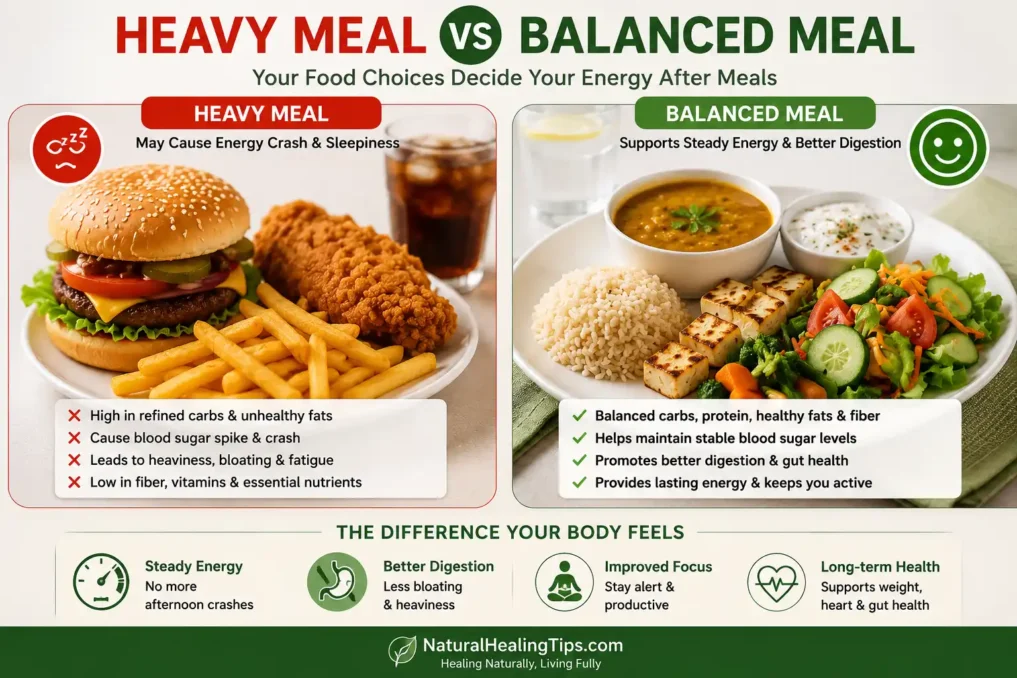 Side-by-side comparison of a heavy unhealthy meal and a balanced healthy meal affecting energy levels after eating