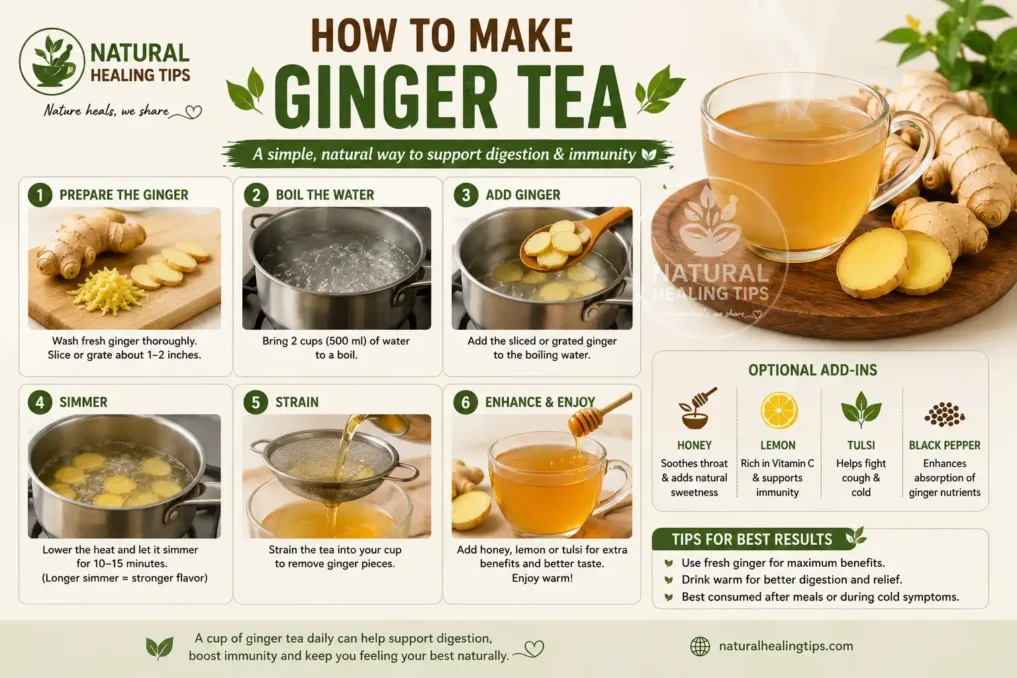 Ginger Tea for Digestion and Cold— Best Time 4 step by step preparation of homemade fresh ginger tea for digestion and cold relief