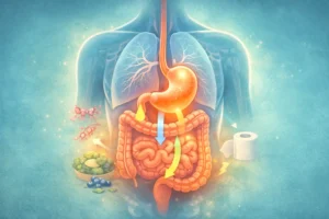 Medical illustration of the human digestive system including stomach, intestines, and digestive organs explaining the digestion process