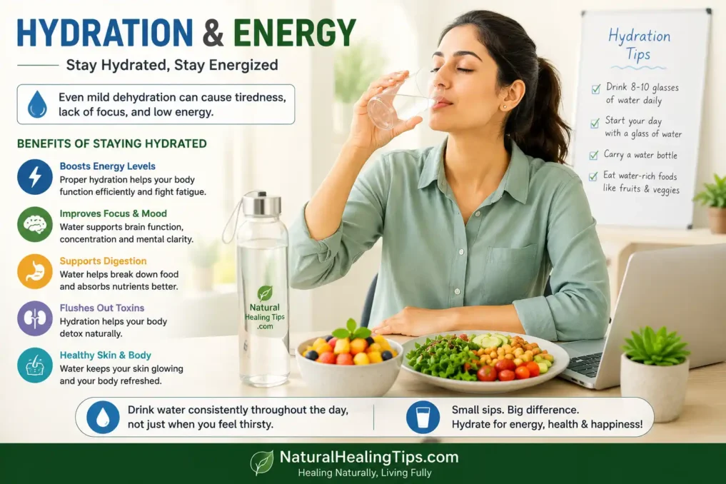 Woman drinking water to stay hydrated and energized during the day