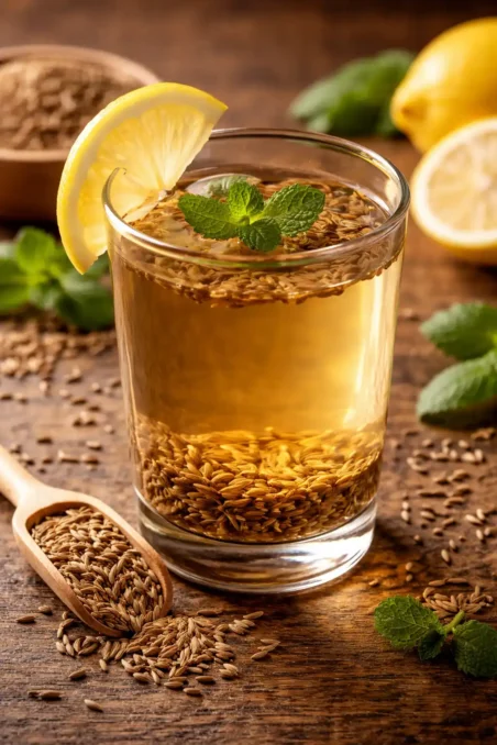 7 Indian Herbal Waters That Transform Digestion 2 Glass of jeera water made from boiled cumin seeds, a traditional drink used to support digestion and reduce bloating