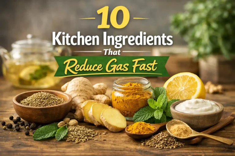Kitchen ingredients that reduce gas fast including ginger, fennel seeds, turmeric, lemon, and yogurt