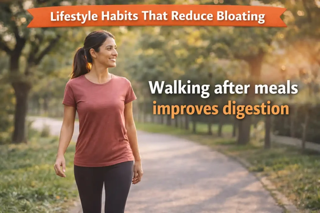 Woman walking outdoors after a meal to support digestion and reduce stomach bloating as part of healthy lifestyle habits.