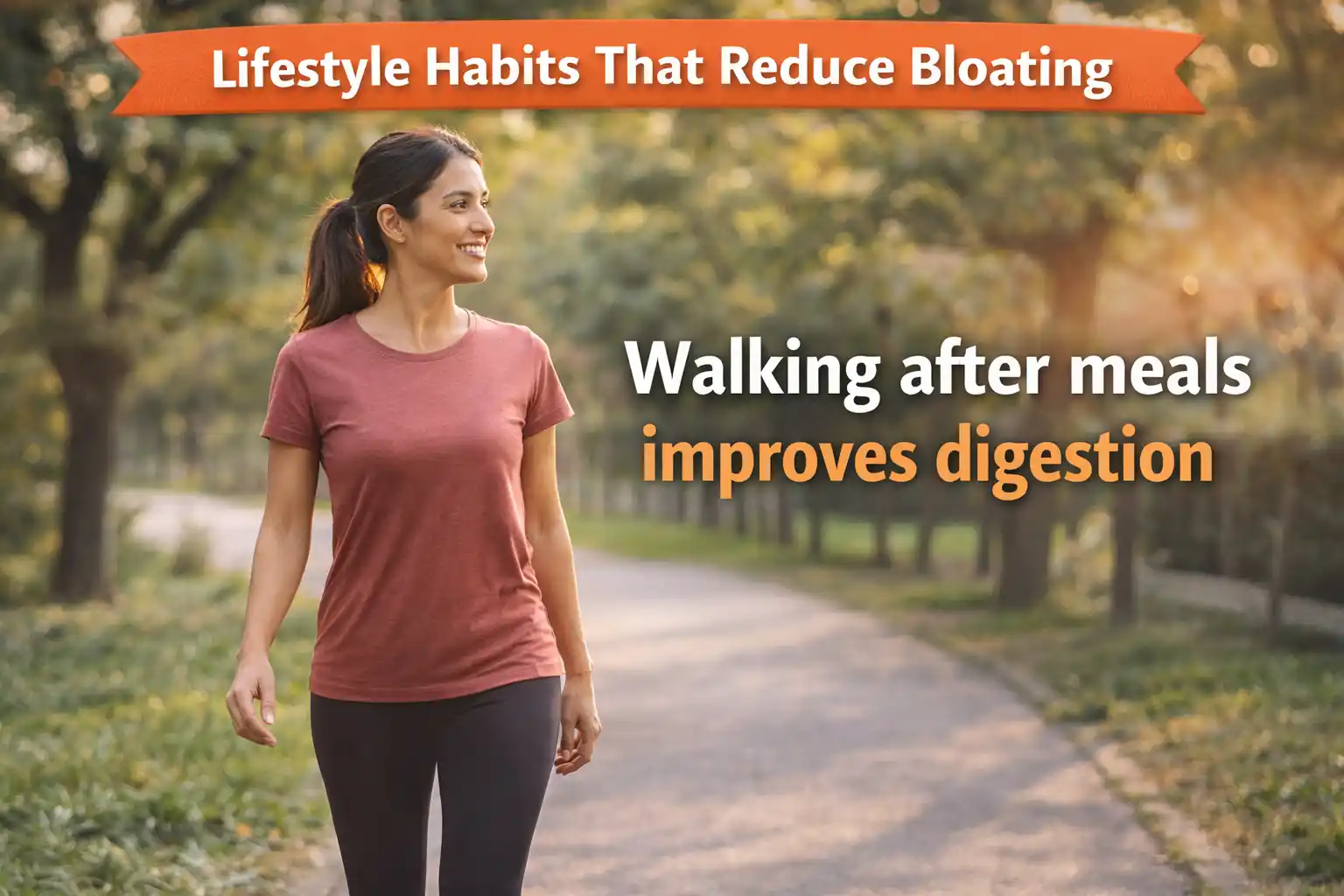 Woman walking outdoors after a meal to improve digestion and reduce stomach bloating