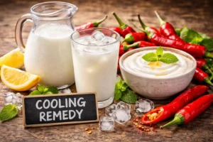 Glass of cold milk and bowl of yogurt with mint placed beside red chili peppers, showing a natural dairy remedy to relieve burning sensation from spicy food.