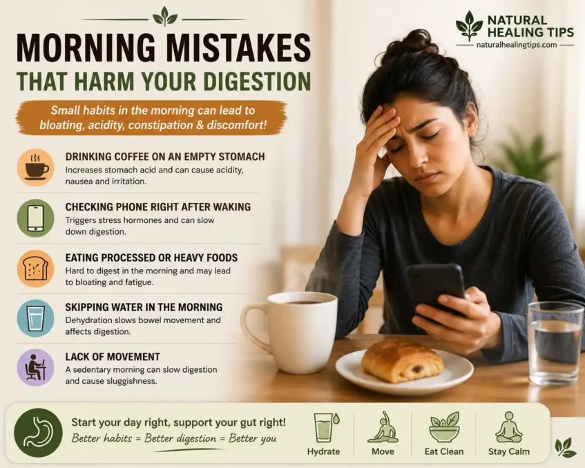 Woman checking phone and drinking coffee in the morning while infographic explains common habits that may negatively affect digestion with NaturalHealingTips.com watermark