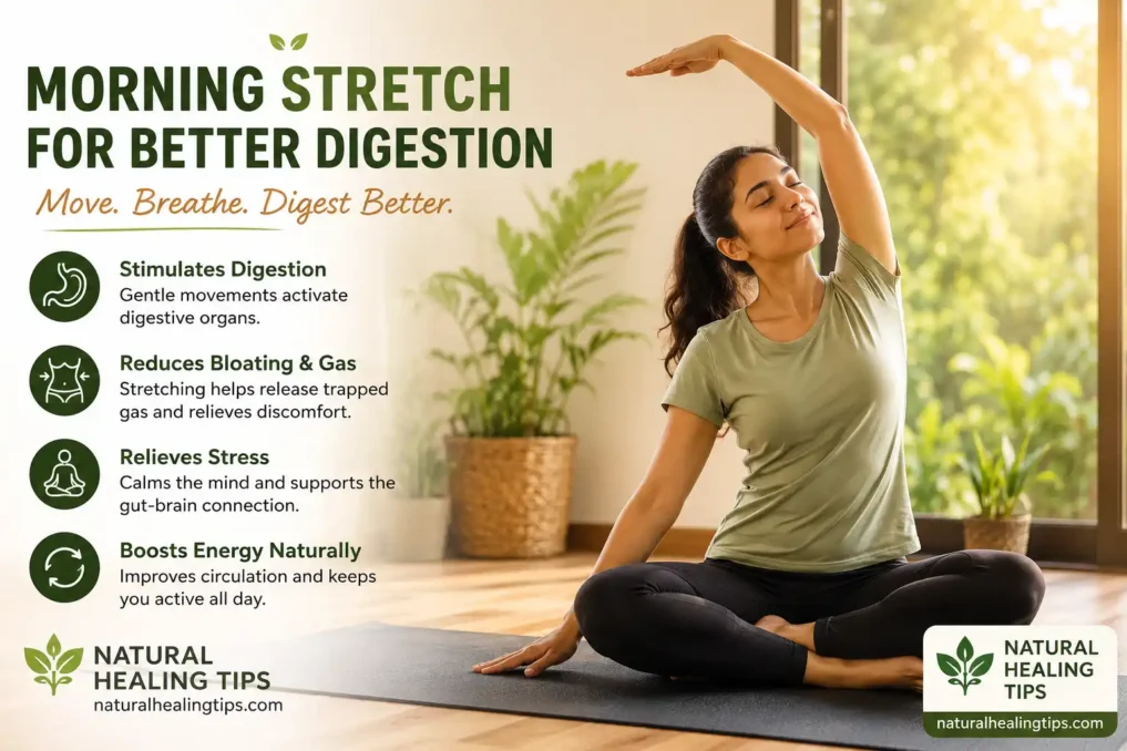 Person practicing gentle morning yoga stretches indoors to support digestion and gut health naturally with NaturalHealingTips.com watermark