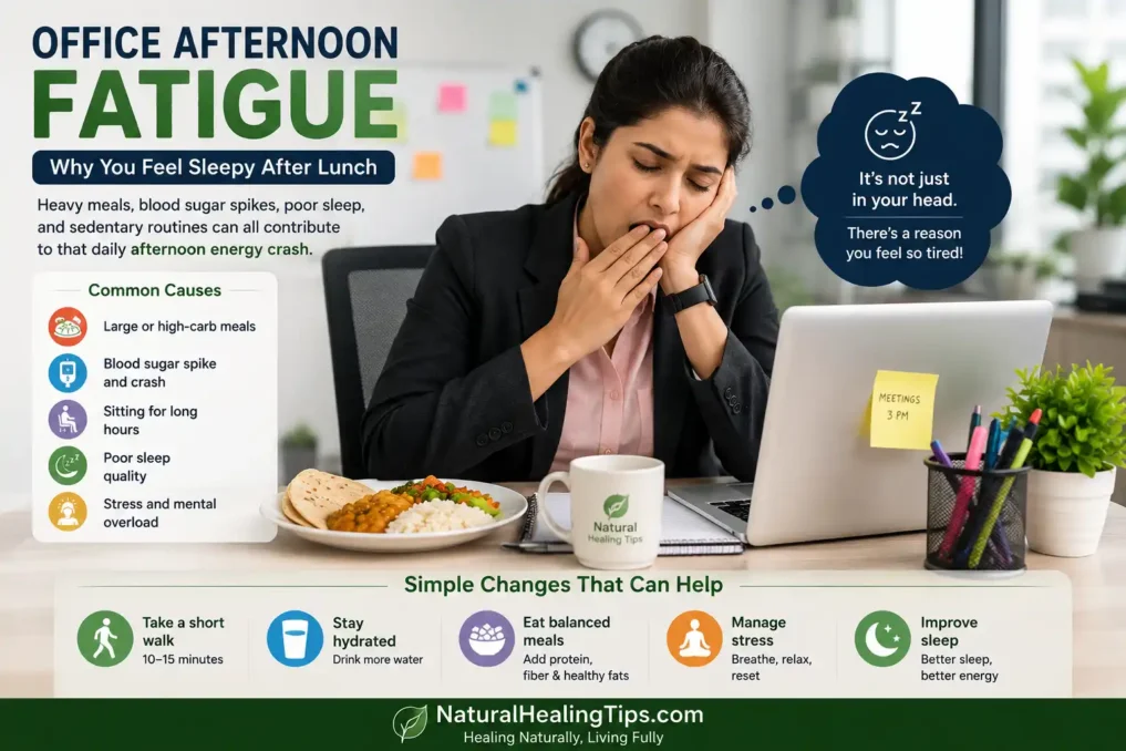 Office worker feeling sleepy and fatigued after lunch while working at a desk