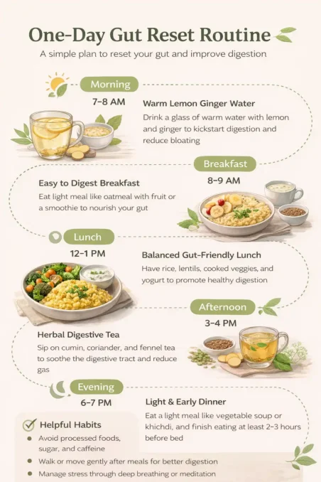 One-Day Gut Reset Plan 4 one day gut reset plan infographic showing morning to night routine using natural kitchen ingredients for better digestion
