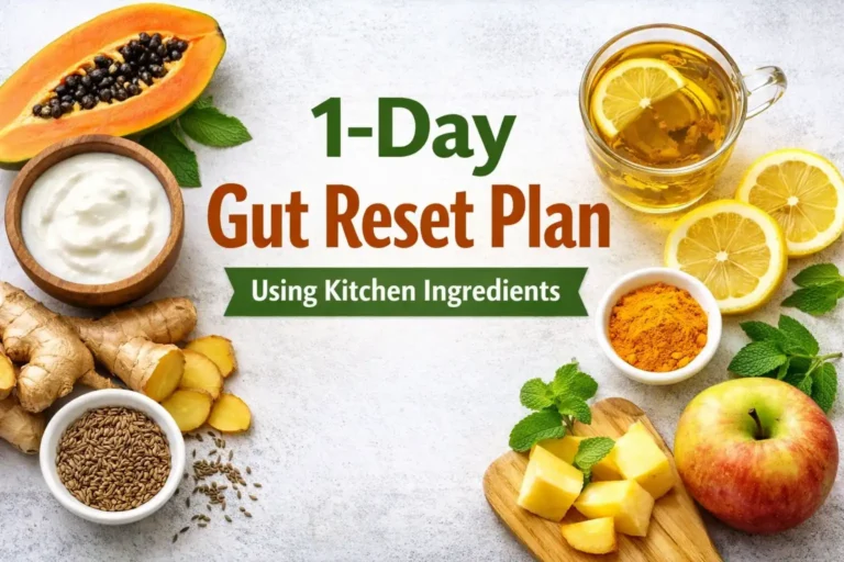 One-day gut reset plan using natural kitchen ingredients like lemon, ginger, yogurt, papaya, and herbal tea for better digestion