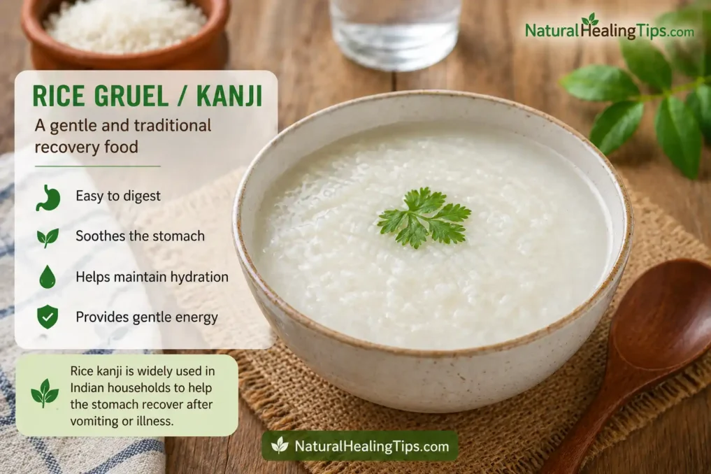 Soft rice gruel or kanji served in a bowl as a gentle food after vomiting