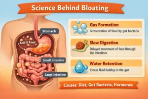 Illustration showing the digestive system explaining the science behind bloating including gas formation, slow digestion, and water retention in the intestines.