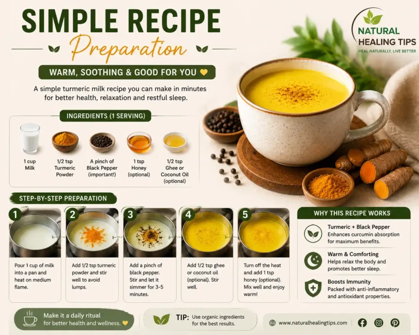 Turmeric Milk Before Bed 6 Step-by-step turmeric milk recipe infographic showing ingredients, preparation process, and health benefits with NaturalHealingTips watermark