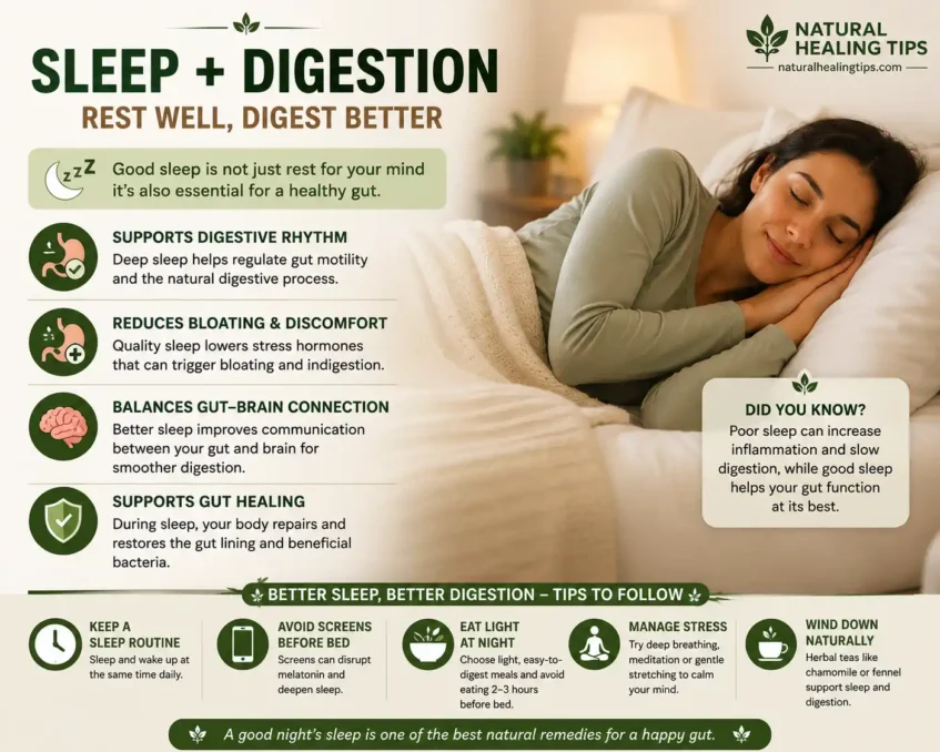Woman sleeping peacefully while infographic explains how good sleep supports healthy digestion and gut health naturally with NaturalHealingTips.com watermark