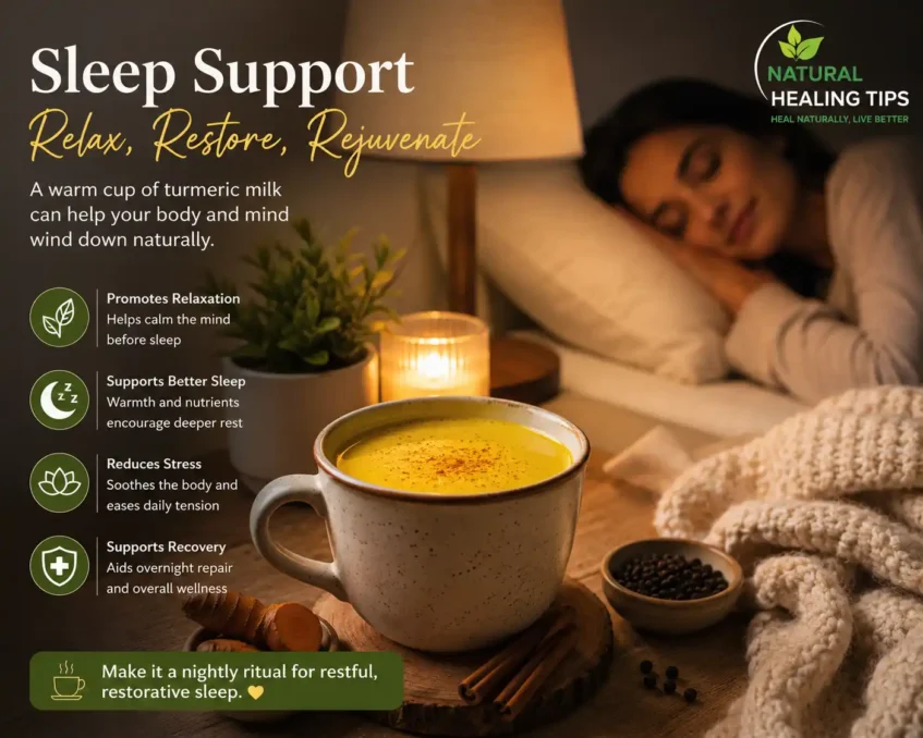 Turmeric Milk Before Bed 3 Cozy nighttime scene showing a warm cup of turmeric milk on a bedside table with calming sleep support elements and NaturalHealingTips watermark