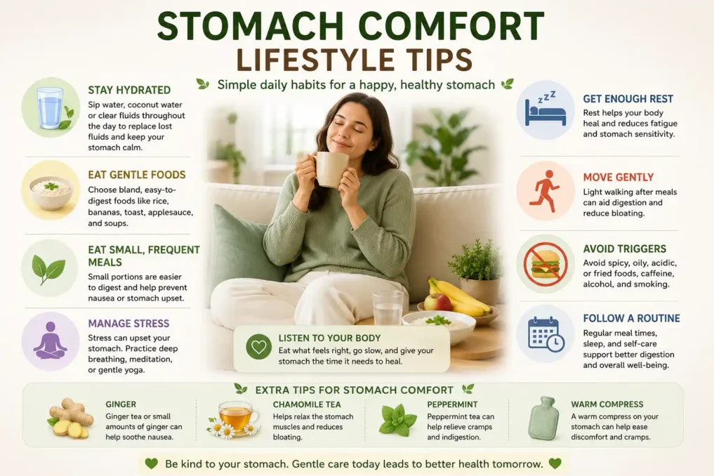 Person resting with herbal tea and light foods during natural stomach recovery after vomiting