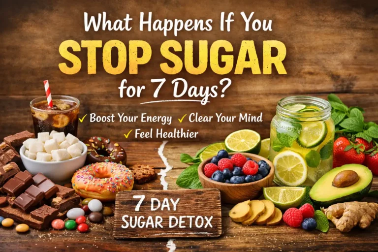 visual showing what happens when you stop sugar for 7 days with comparison of sugary foods and healthy alternatives
