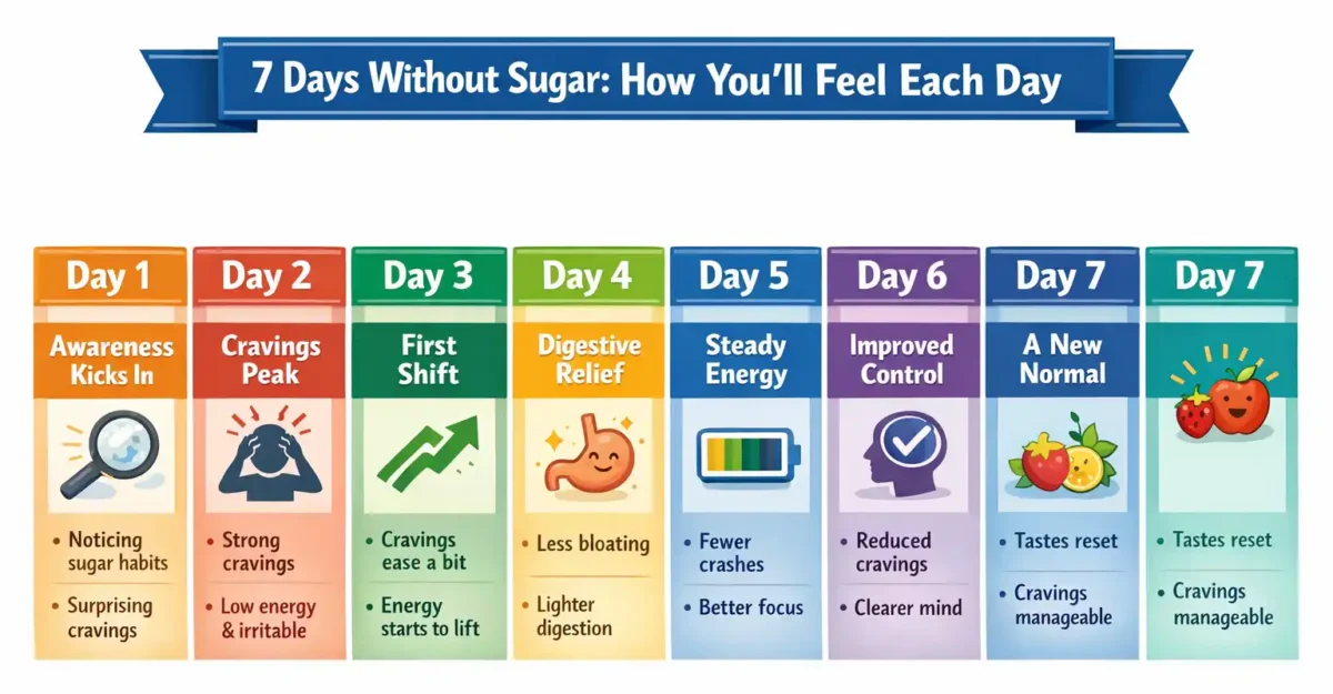 What Happens If You Stop Sugar for 7 Days 2 day by day timeline showing what happens when you stop sugar for 7 days including cravings, energy, digestion and mood changes