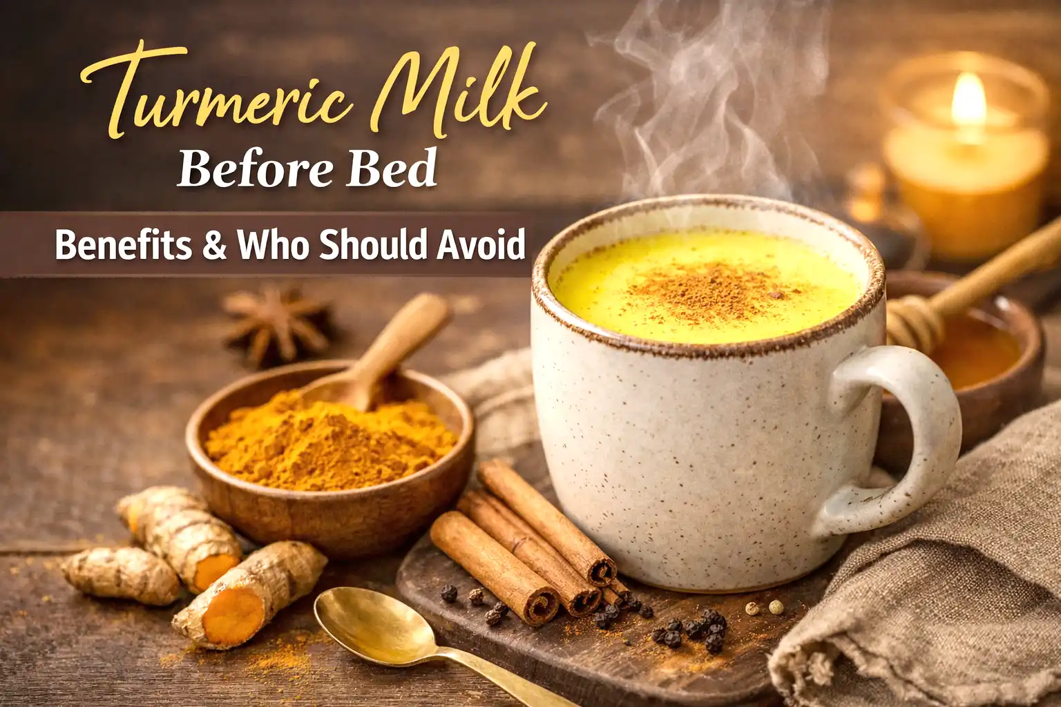 Warm turmeric milk before bed in a glass with turmeric powder and spices, a traditional golden milk drink for sleep and wellness