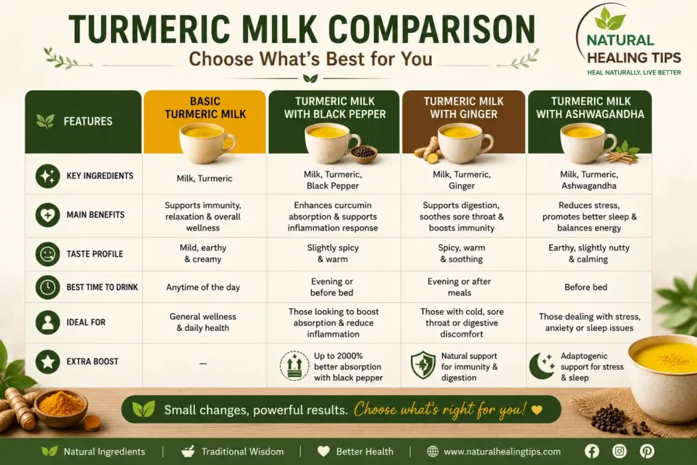 Turmeric Milk Before Bed 7 Comparison chart showing different turmeric milk variations including black pepper, ginger, and ashwagandha with their benefits and best usage times with NaturalHealingTips watermark