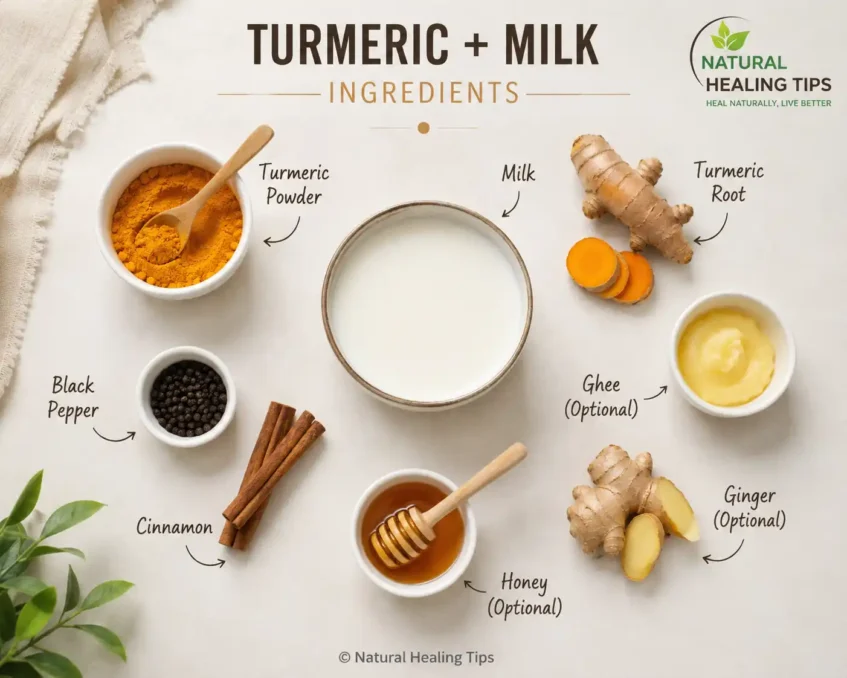 Turmeric Milk Before Bed 4 Flat lay of turmeric milk ingredients including turmeric powder, milk, black pepper, cinnamon, honey, ginger, and ghee arranged for making golden milk with NaturalHealingTips watermark