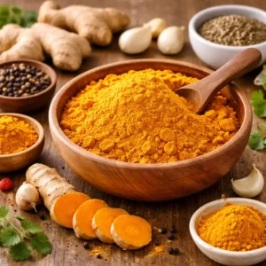 Healthy Recipes 5 Fresh turmeric root and turmeric powder in a wooden bowl with ginger and garlic – natural anti-inflammatory spice used in healthy recipes