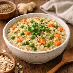 Healthy Recipes 1 Bowl of vegetable oats porridge with carrots, peas, ginger, and cumin seeds – a healthy high-fiber breakfast recipe