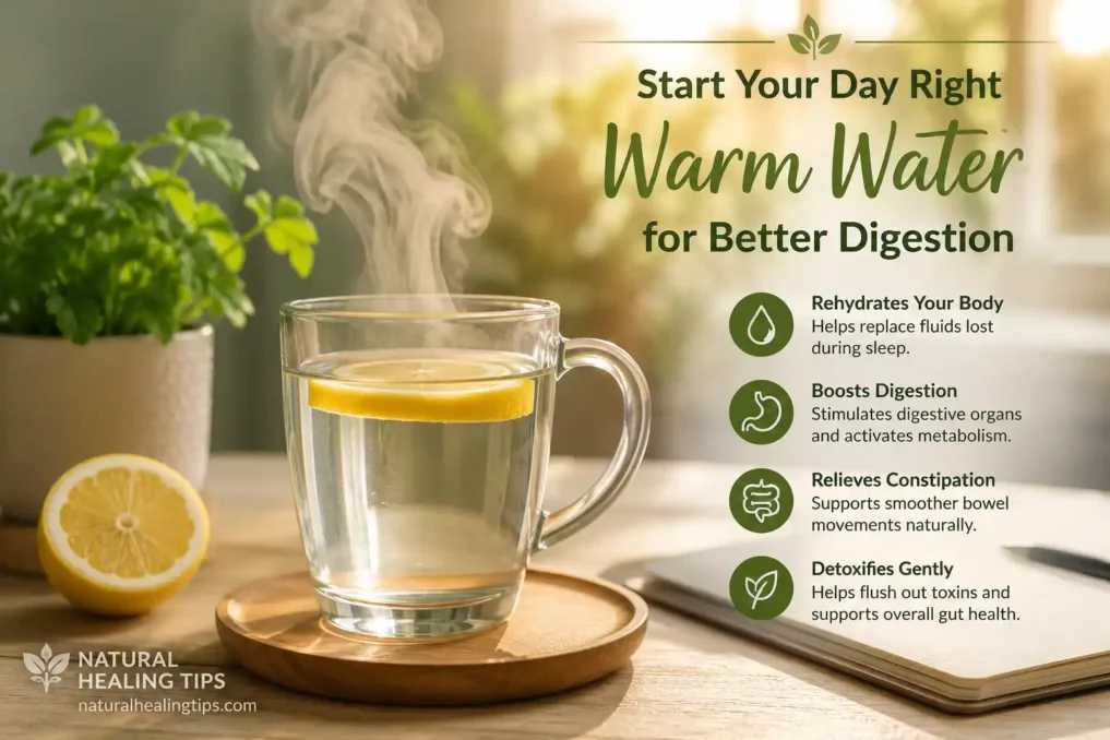 Person drinking warm water in the morning sunlight to support healthy digestion naturally with NaturalHealingTips.com watermark