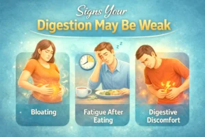 Infographic showing common weak digestion symptoms including bloating, fatigue after meals, gas, stomach heaviness, and digestive discomfort