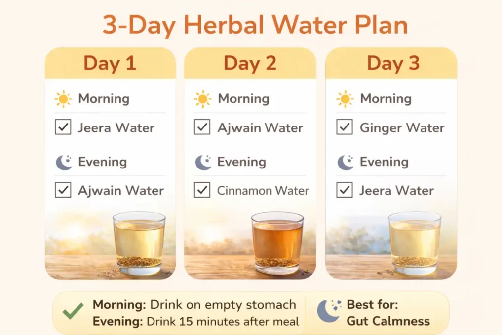 7 Indian Herbal Waters That Transform Digestion 8 Infographic showing a 3-day herbal water plan including jeera, ajwain, cinnamon, and ginger water for improving digestion and gut health