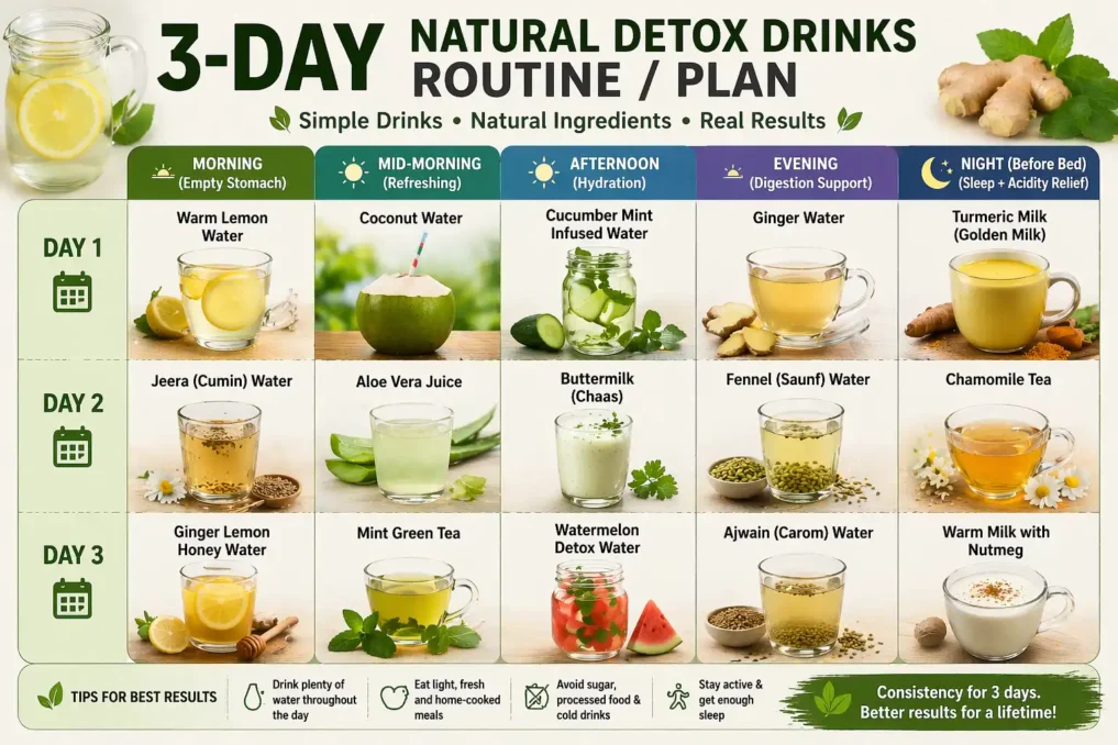 natural detox drinks for daily health 3 day routine plan including lemon water, jeera water, coconut water, turmeric milk, and herbal drinks for digestion and sleep